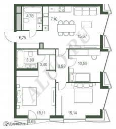 3-к квартира, 89.52 м²
