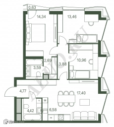 3-к квартира, 82.29 м²
