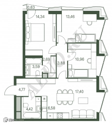 3-к квартира, 82.28 м²