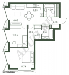 2-к квартира, 66.06 м²