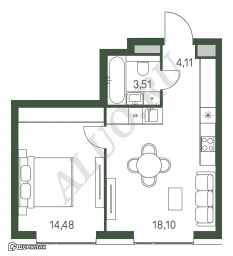 1-к квартира, 40.2 м²