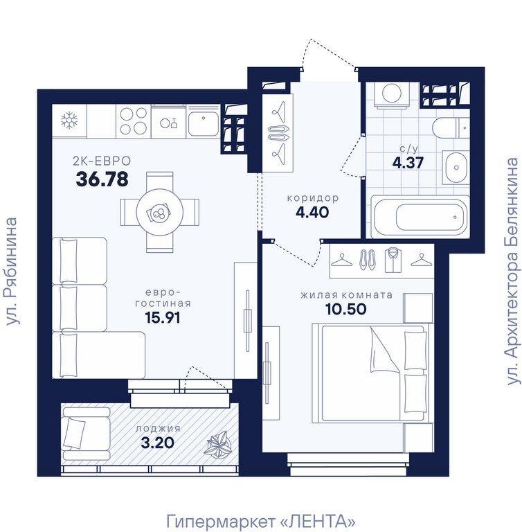 1-комнатная квартира: Екатеринбург, улица Рябинина, 42 (36.78 м²)