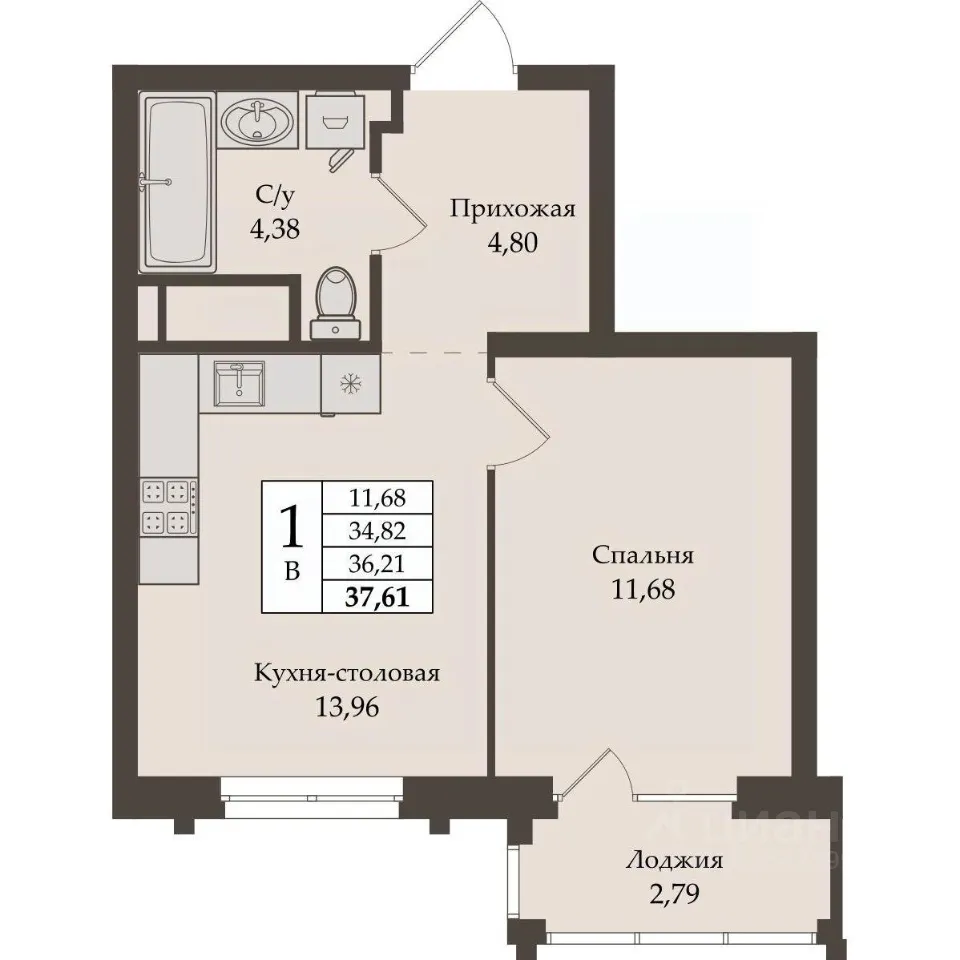 1-к кв. Свердловская область, Екатеринбург ул. Репина, 64 (36.21 м²)