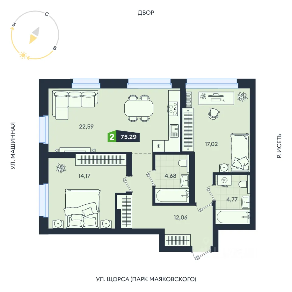 2-к кв. Свердловская область, Екатеринбург ул. Машинная, 1В/4 (75.29 м²)