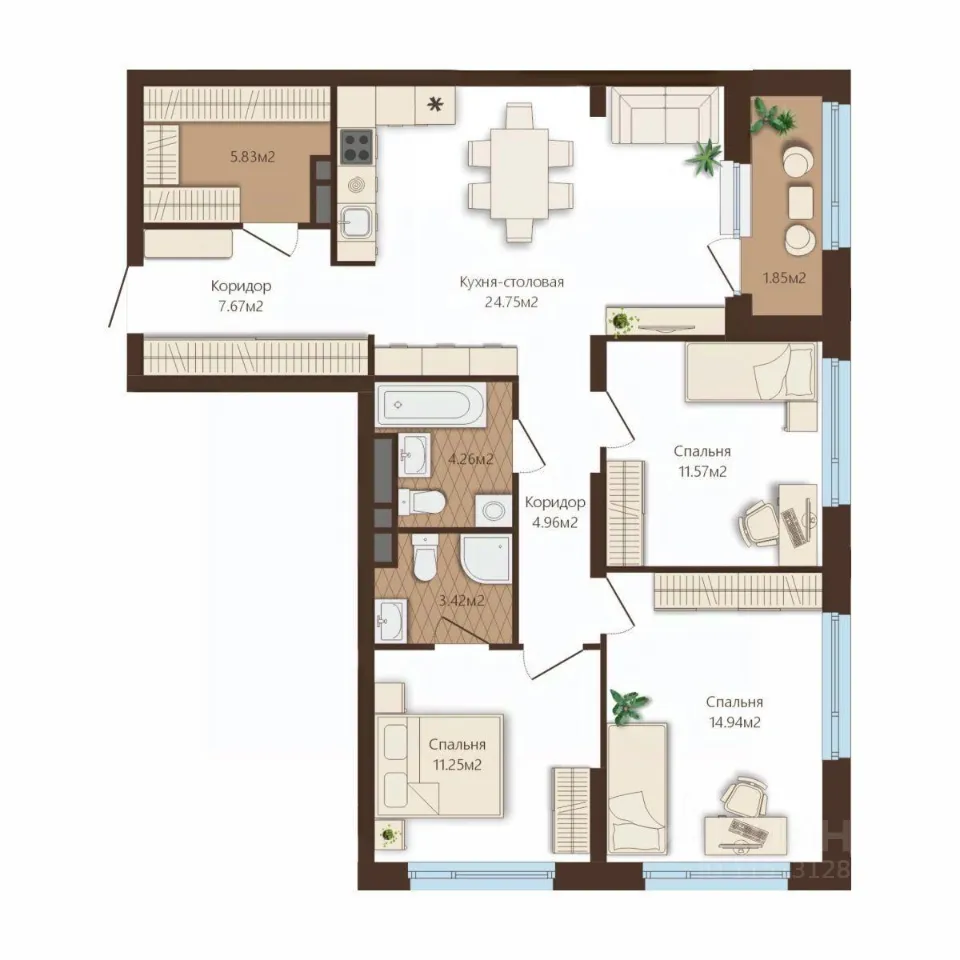 3-к кв. Свердловская область, Екатеринбург тракт Сибирский, 16 (90.5 м²)