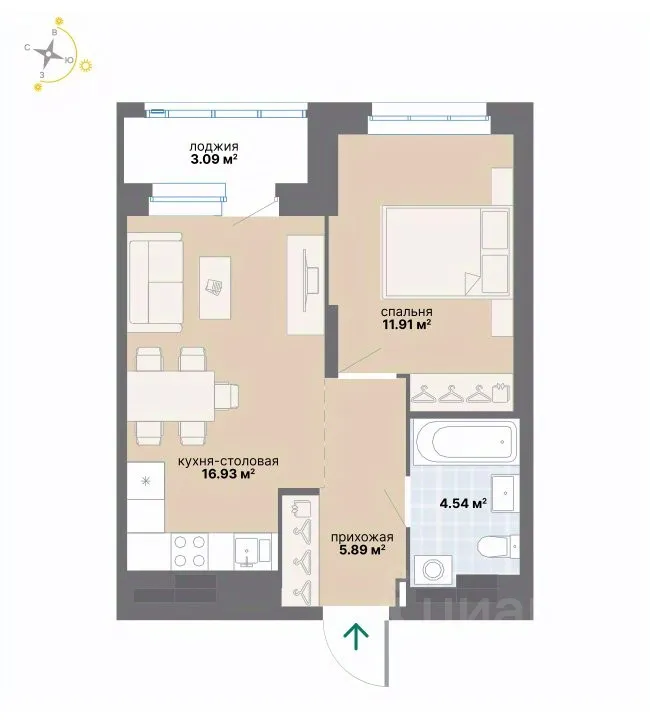 1-к кв. Свердловская область, Екатеринбург ул. Циолковского (42.36 м²)