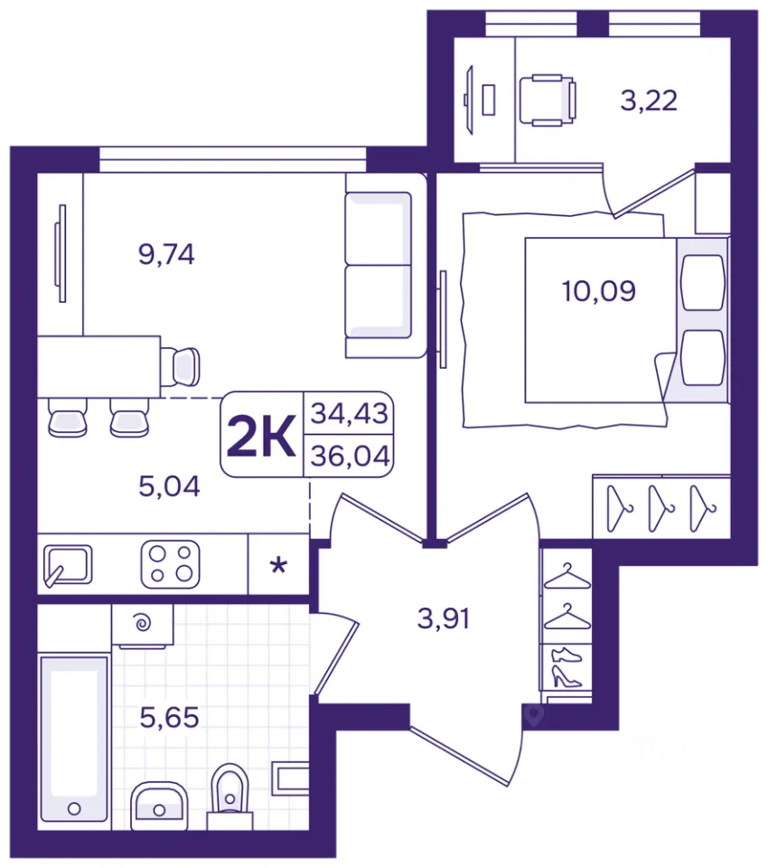 2-к кв. Свердловская область, Екатеринбург пер. Проходной, 1Б (36.04 м²)