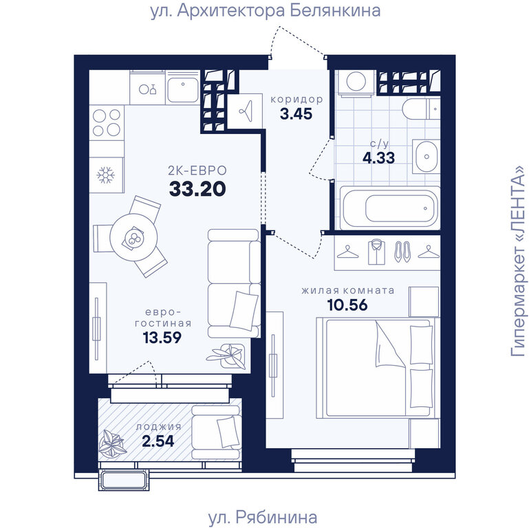1-комнатная квартира: Екатеринбург, улица Рябинина, 42 (33.2 м²)