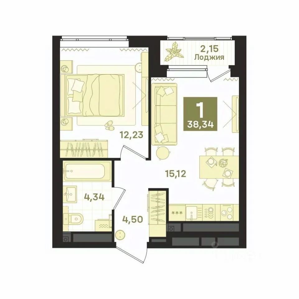 1-к кв. Свердловская область, Екатеринбург ул. Библиотечная (38.34 м²)