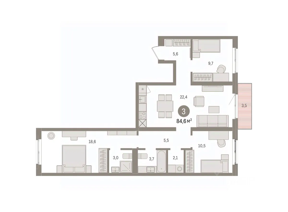 3-к кв. Свердловская область, Екатеринбург пер. Торфяной, 10 (84.6 м²)
