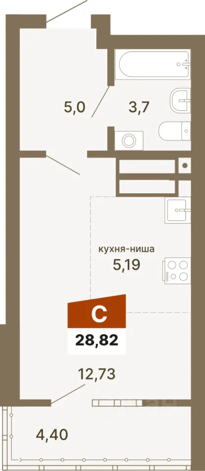 Студия Свердловская область, Екатеринбург Юго-Западный жилрайон, Трилогия жилой квартал,  (28.82 м²)