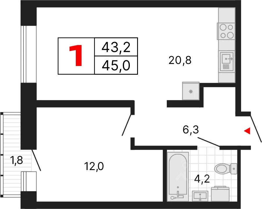 1-к кв. Свердловская область, Екатеринбург ул. Обувщиков (45.07 м²)