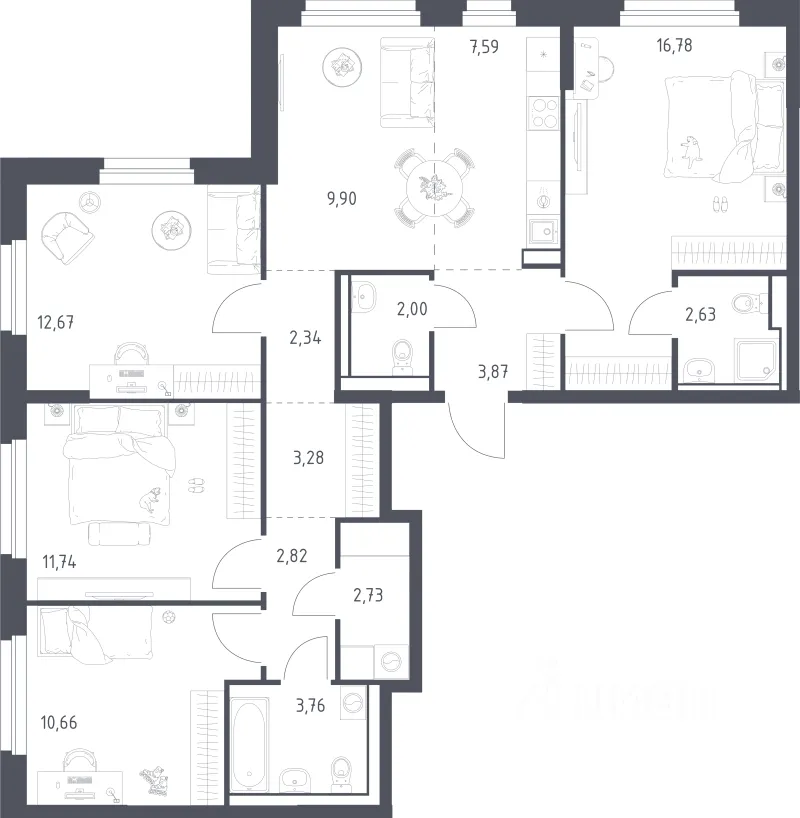 4-к кв. Свердловская область, Екатеринбург Горнозаводской жилрайон, (92.8 м²)
