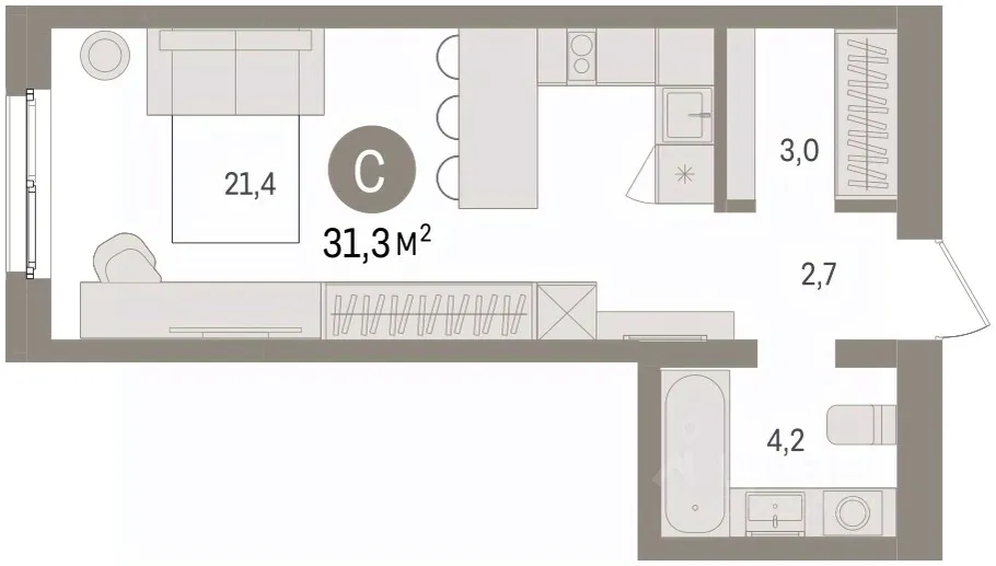 Студия Свердловская область, Екатеринбург пер. Торфяной, 10 (31.3 м²)