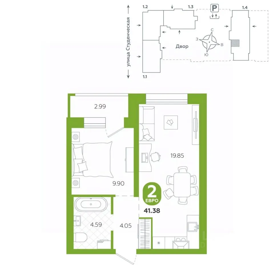 1-к кв. Свердловская область, Екатеринбург ул. Студенческая, 1А (41.38 м²)