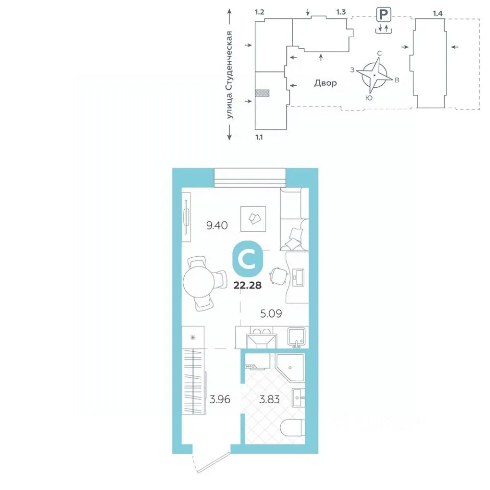 Студия Свердловская область, Екатеринбург ул. Студенческая, 1А (22.28 м²)
