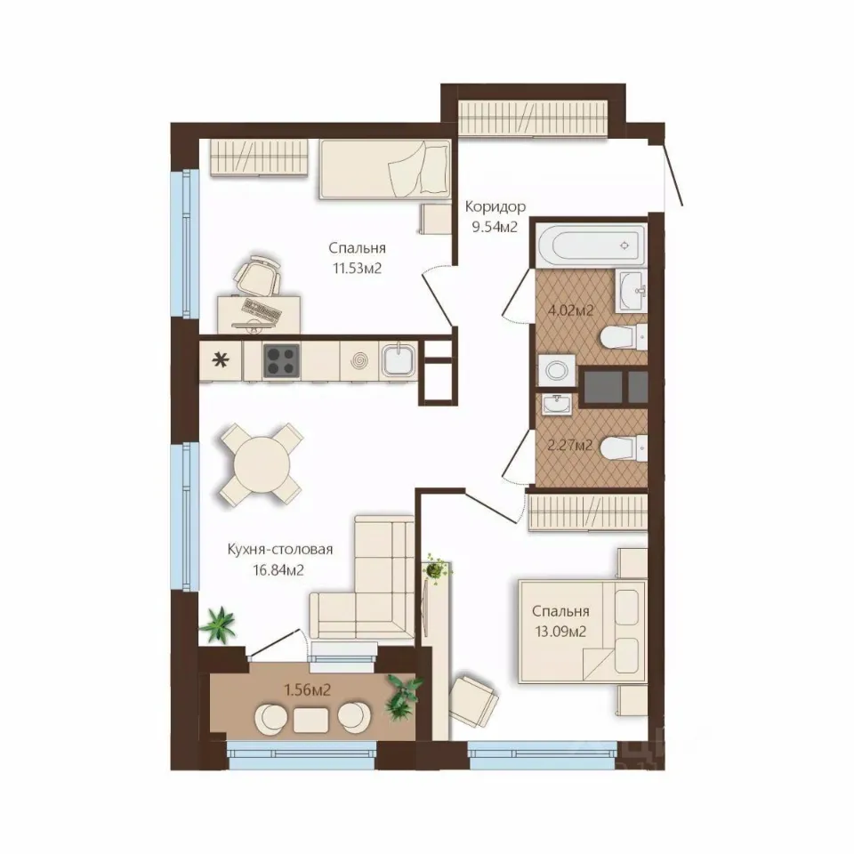 2-к кв. Свердловская область, Екатеринбург тракт Сибирский, 16 (58.85 м²)