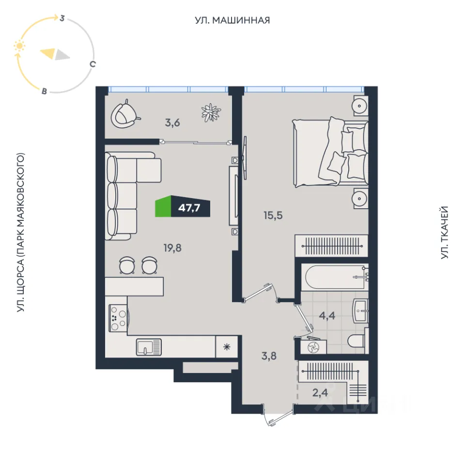 2-к кв. Свердловская область, Екатеринбург ул. Машинная, 1в/2 (47.7 м²)