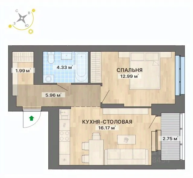 1-к кв. Свердловская область, Екатеринбург Уралмаш жилрайон, ул. Авангардная, 6 (44.19 м²)