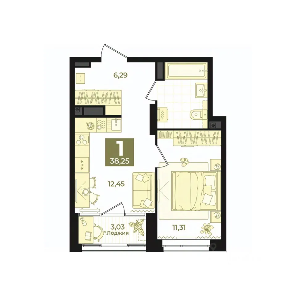 1-к кв. Свердловская область, Екатеринбург ул. Блюхера, 26 (38.25 м²)