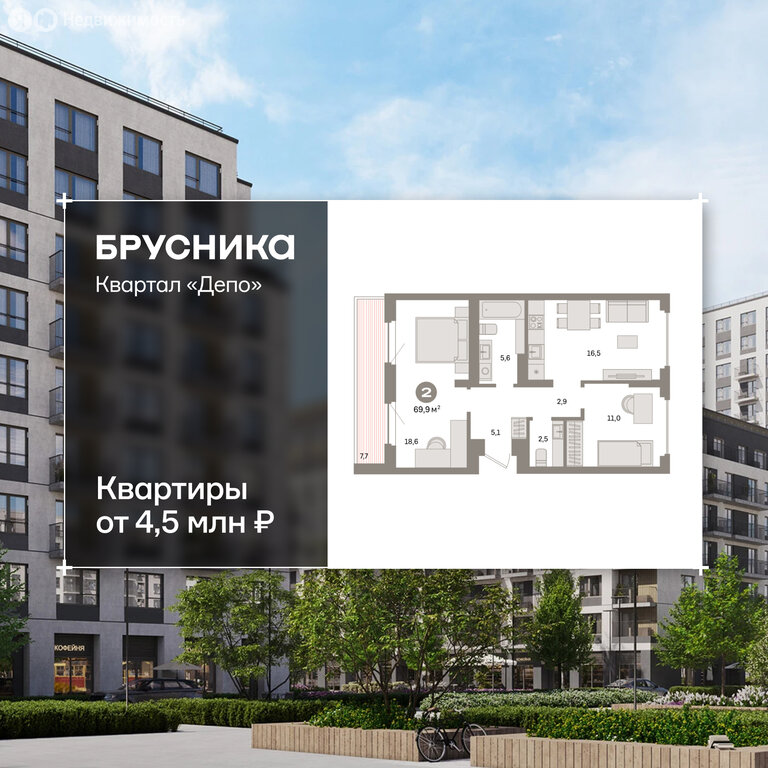 2-комнатная квартира: Екатеринбург, жилой район Сортировочный, микрорайон Старая Сортировка, ЖК Квартал Депо (69.9 м²)