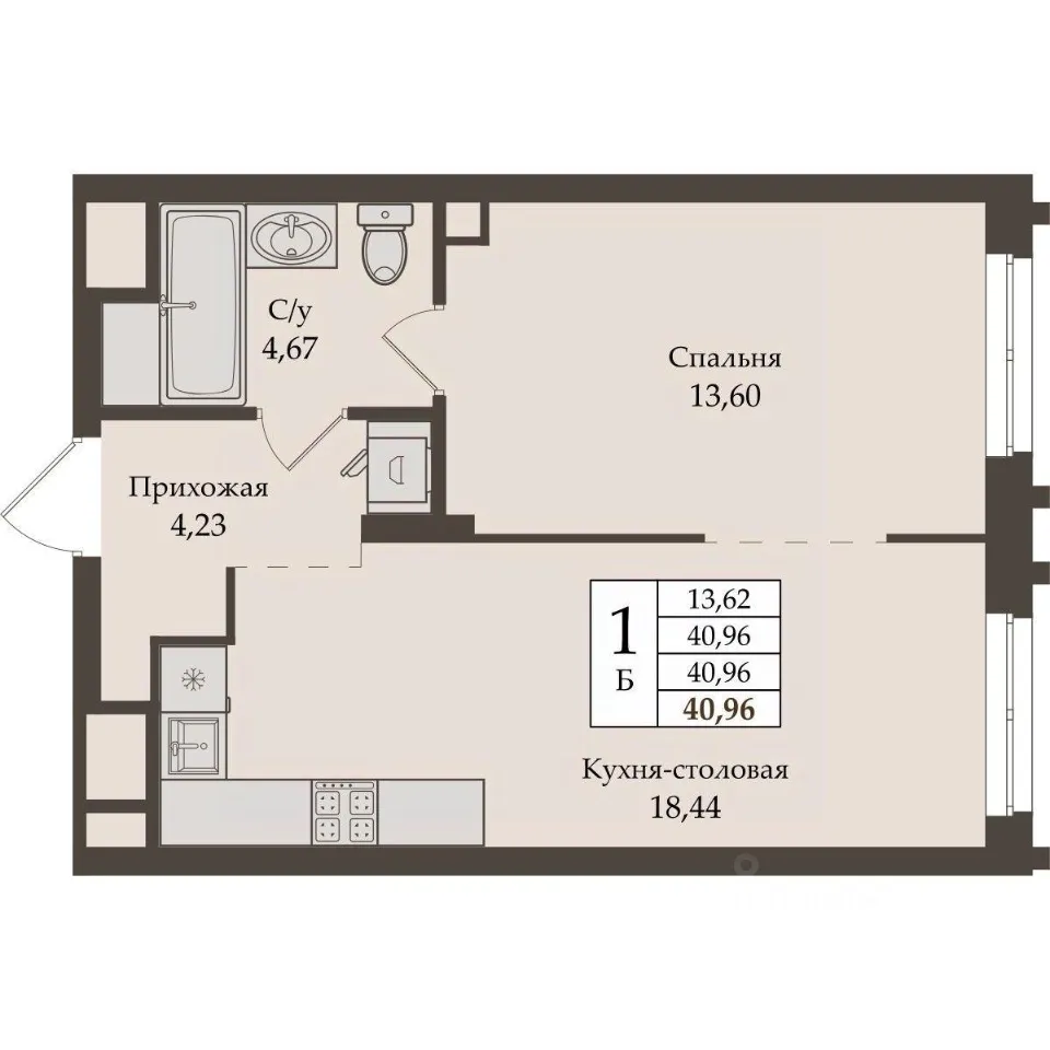 1-к кв. Свердловская область, Екатеринбург ул. Репина, 64 (40.96 м²)