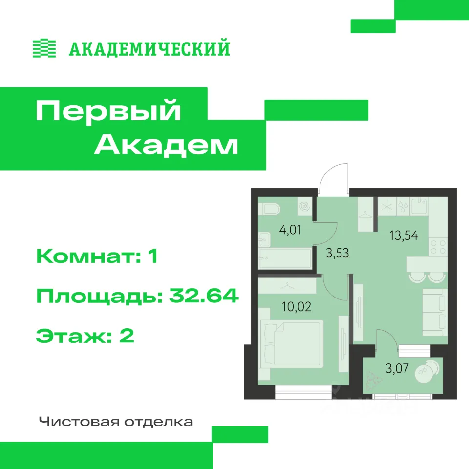 1-к кв. Свердловская область, Екатеринбург Академический мкр, 3-й кв-л, (32.64 м²)