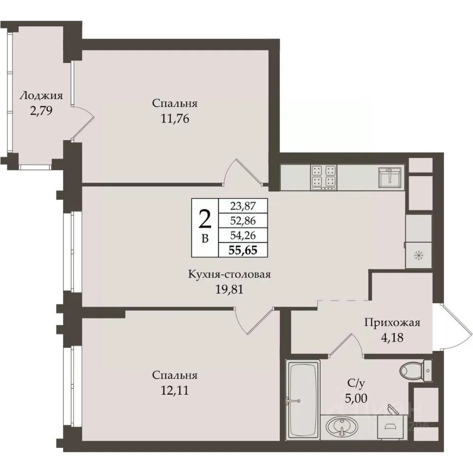 2-к кв. Свердловская область, Екатеринбург ул. Репина, 64 (54.26 м²)