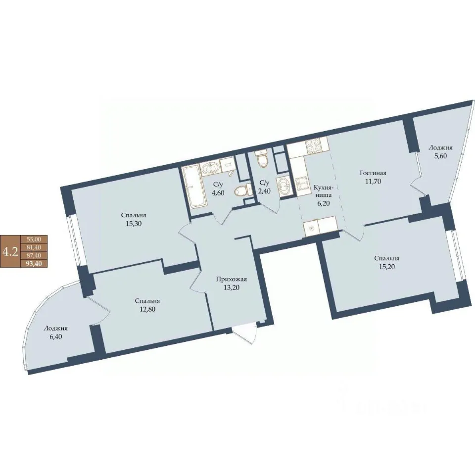 3-к кв. Свердловская область, Екатеринбург ул. Щербакова, 20 (87.4 м²)