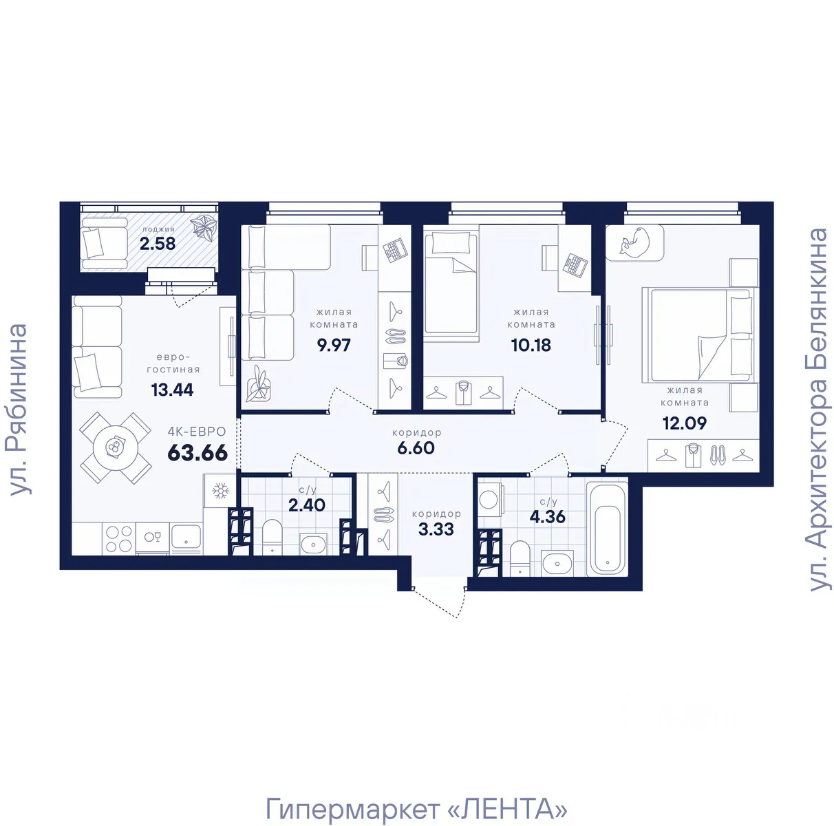 3-к кв. Свердловская область, Екатеринбург ул. Рябинина, 42 (63.66 м²)