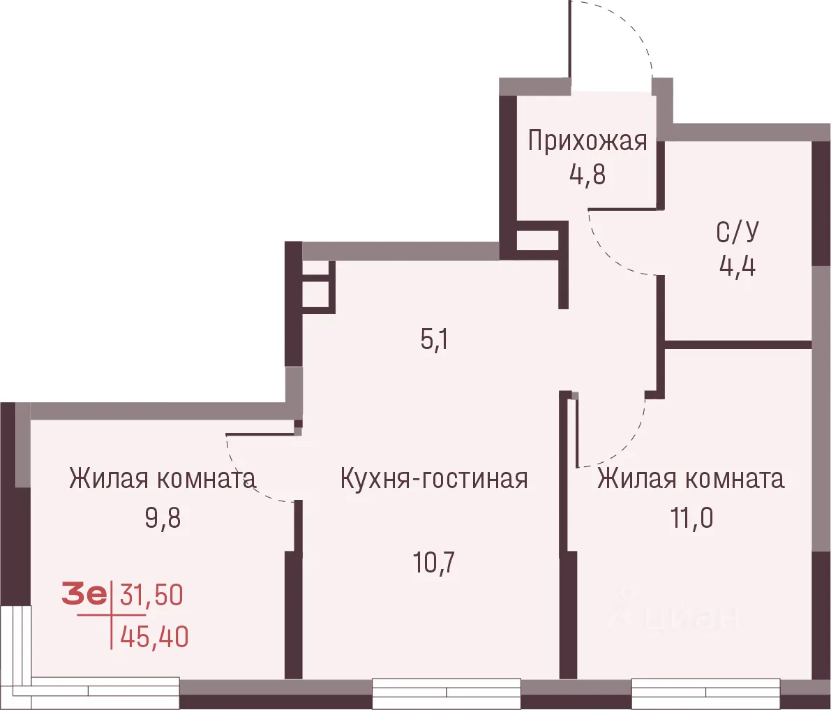 3-к кв. Свердловская область, Екатеринбург ул. Академика Ландау, 13 (45.4 м²)