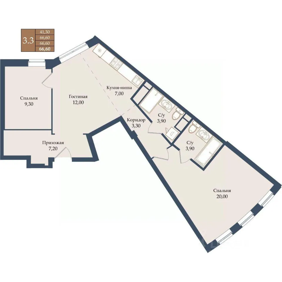 2-к кв. Свердловская область, Екатеринбург ул. Щербакова, 20 (66.6 м²)