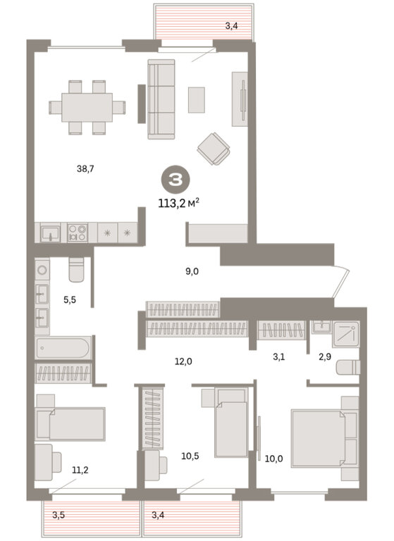 3-комнатная квартира: Екатеринбург, жилой район Сортировочный, микрорайон Старая Сортировка, ЖК Квартал Депо (113.2 м²)