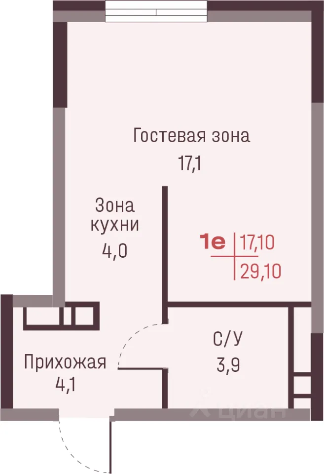 Студия Свердловская область, Екатеринбург ул. Академика Ландау, 13 (29.1 м²)