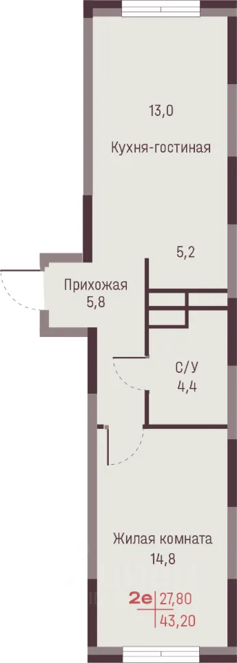 2-к кв. Свердловская область, Екатеринбург ул. Академика Ландау, 13 (43.2 м²)