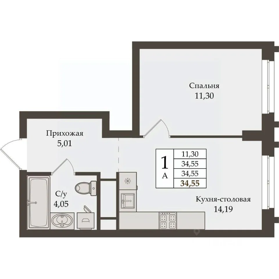 1-к кв. Свердловская область, Екатеринбург ул. Репина, 64 (34.55 м²)