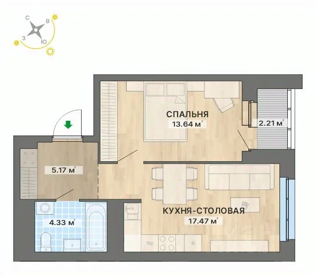 1-к кв. Свердловская область, Екатеринбург Уралмаш жилрайон, ул. Авангардная, 6 (42.82 м²)