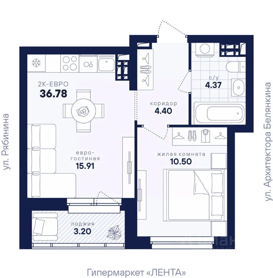 1-к кв. Свердловская область, Екатеринбург ул. Рябинина, 42 (36.78 м²)