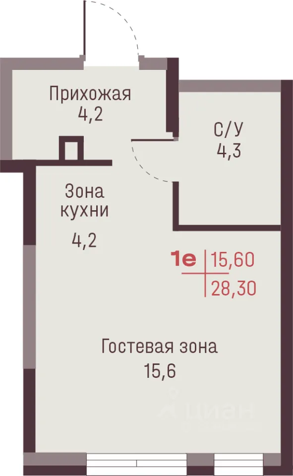 Студия Свердловская область, Екатеринбург ул. Академика Ландау, 13 (28.3 м²)