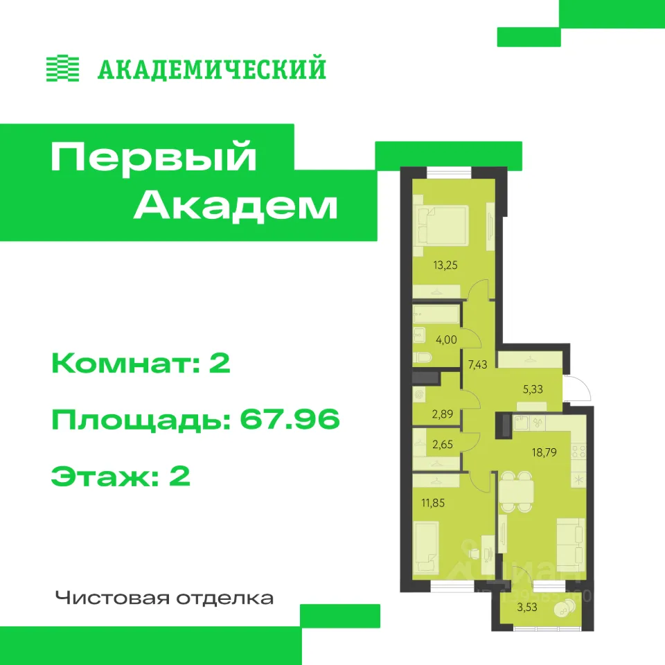 2-к кв. Свердловская область, Екатеринбург Академический мкр, 3-й кв-л, (67.96 м²)