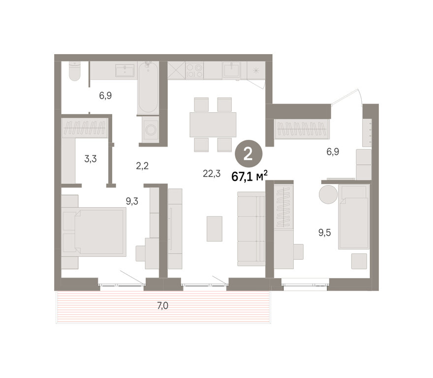 2-комнатная квартира: Екатеринбург, жилой район Юго-Западный, жилой комплекс Южные Кварталы (67.08 м²)