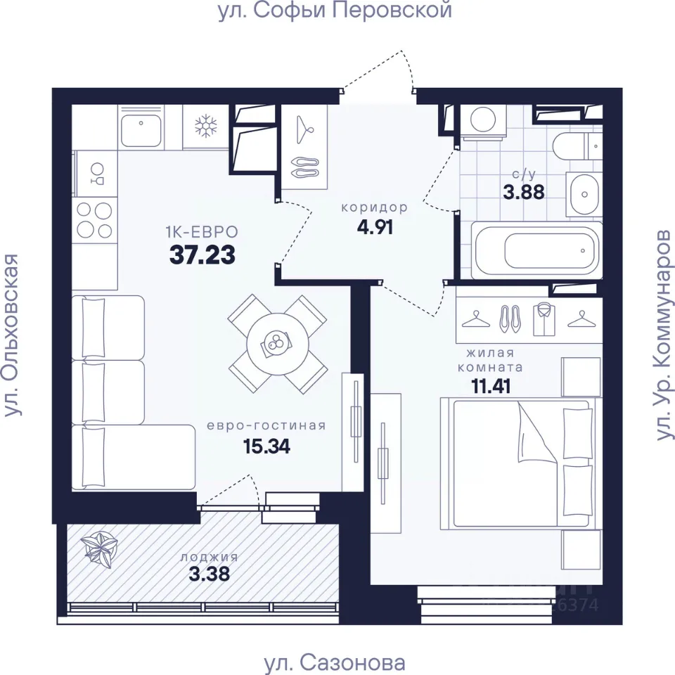 1-к кв. Свердловская область, Екатеринбург ул. Софьи Перовской, 106А (37.23 м²)