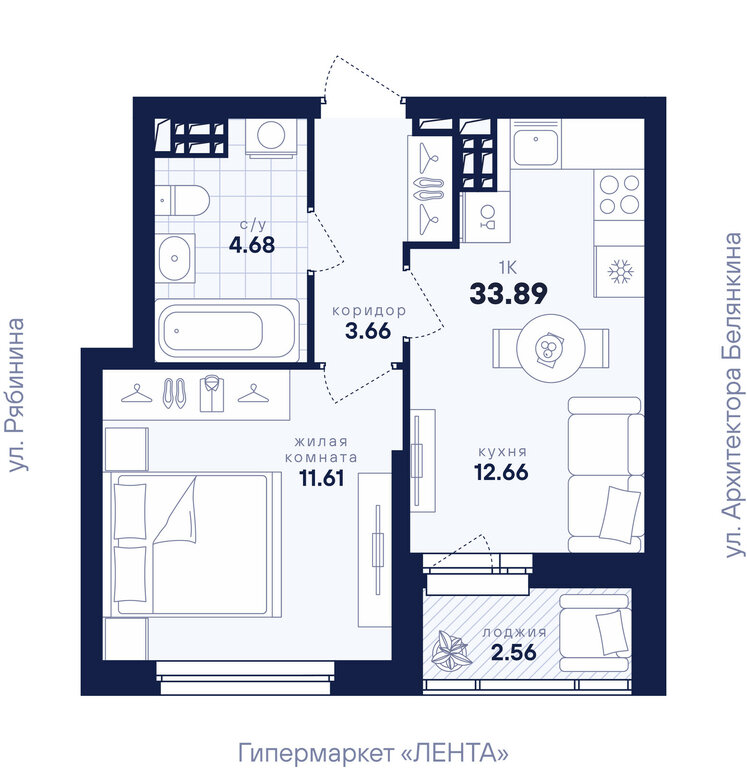 1-комнатная квартира: Екатеринбург, улица Рябинина, 42 (33.89 м²)