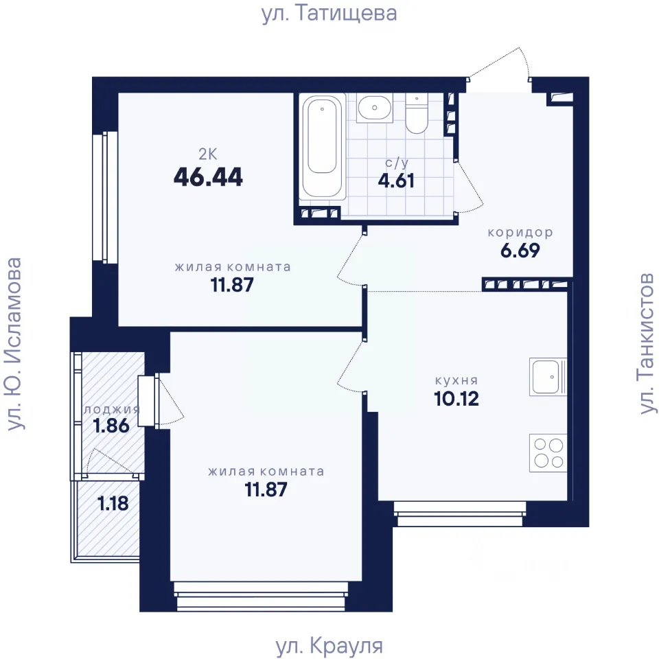 2-к кв. Свердловская область, Екатеринбург ул. Крауля, 170Б (46.44 м²)