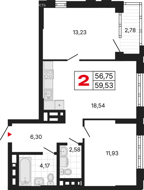 2-комнатная квартира: Екатеринбург, улица Советских Женщин (59.53 м²)