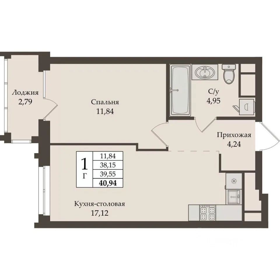 1-к кв. Свердловская область, Екатеринбург ул. Репина, 64 (39.55 м²)