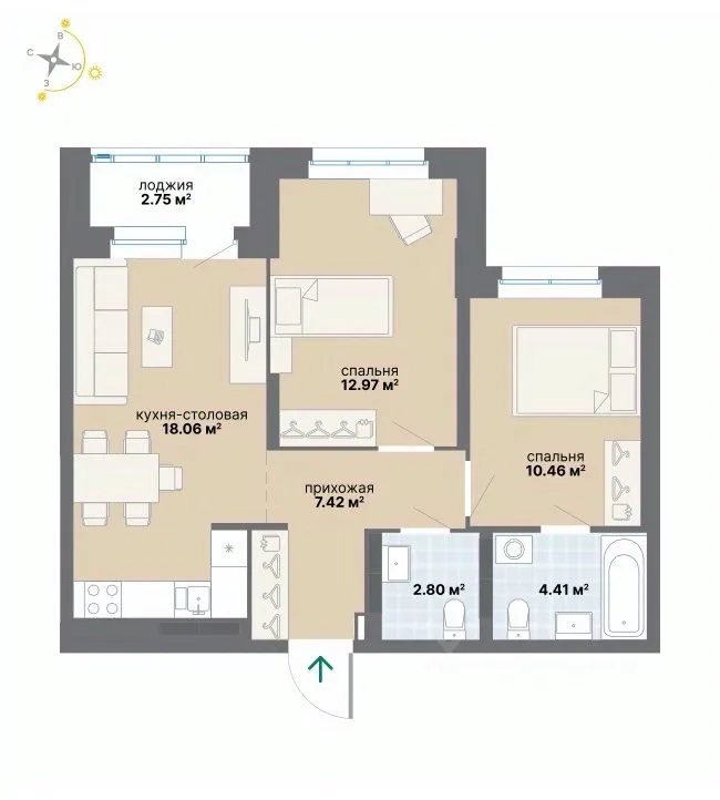 2-к кв. Свердловская область, Екатеринбург ул. Циолковского (58.87 м²)