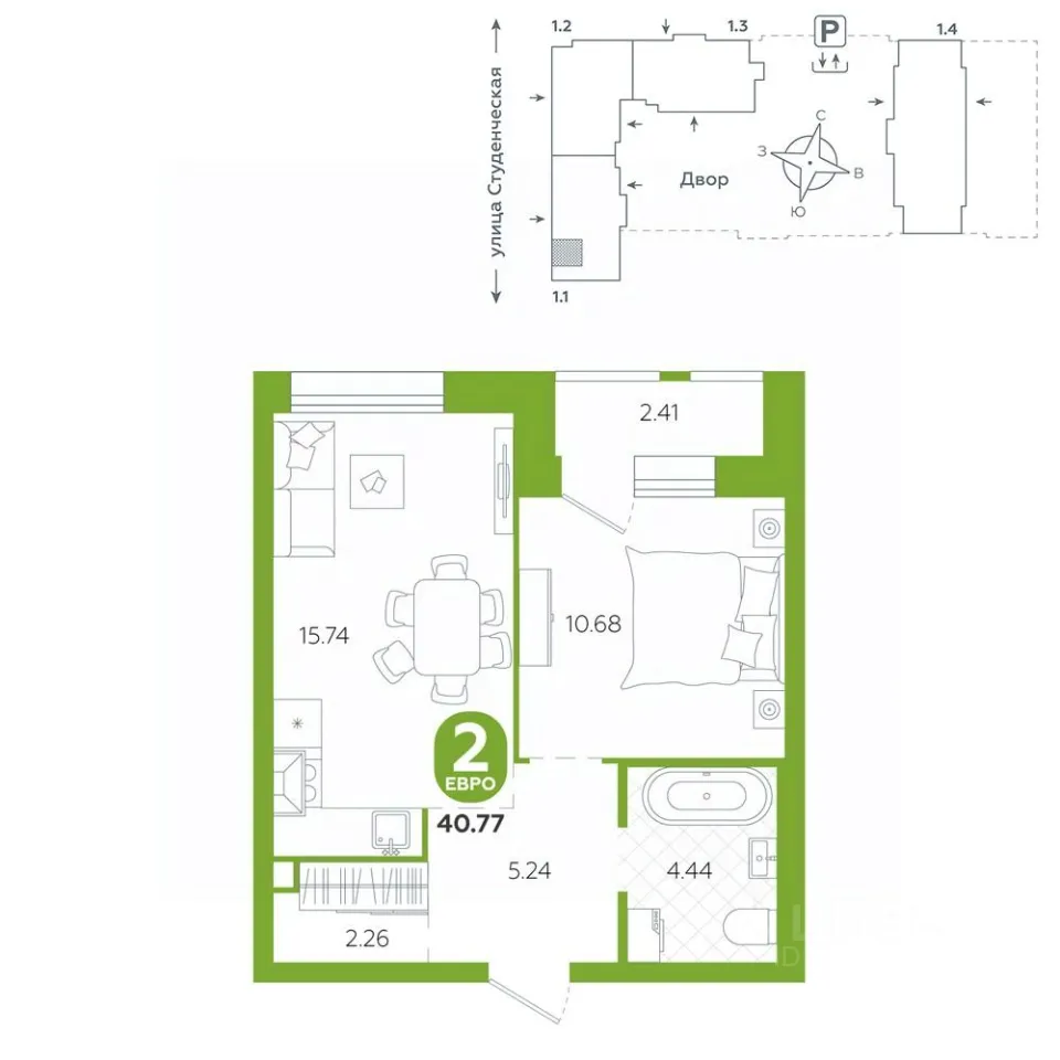 1-к кв. Свердловская область, Екатеринбург ул. Студенческая, 1А (40.77 м²)