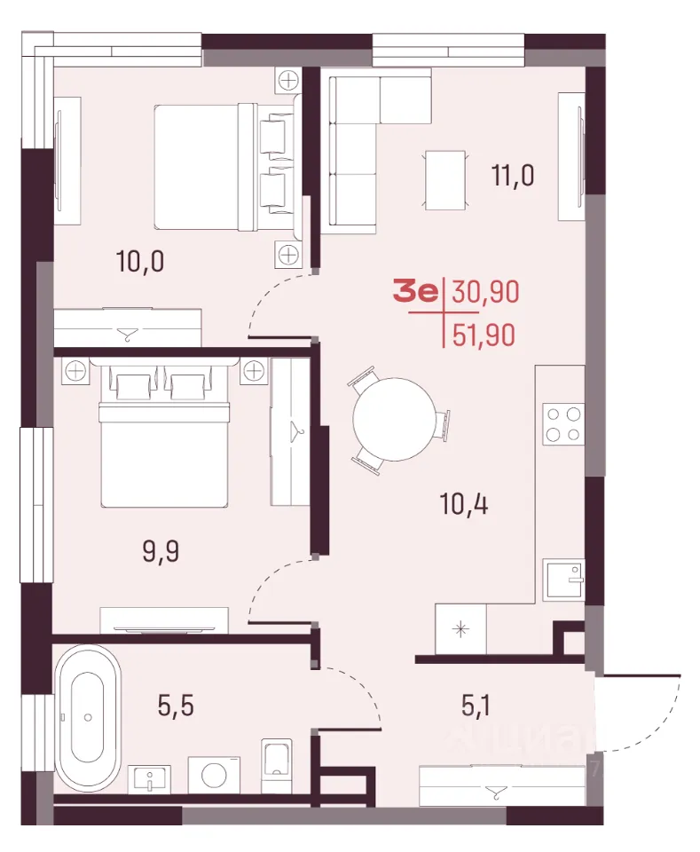 3-к кв. Свердловская область, Екатеринбург ул. Академика Ландау, 13 (51.9 м²)