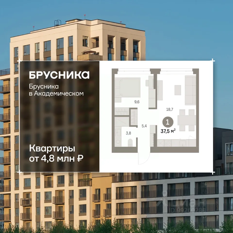 1-к кв. Свердловская область, Екатеринбург Академический мкр, 19-й кв-л, Брусника в Академическом жилой комплекс (37.49 м²)